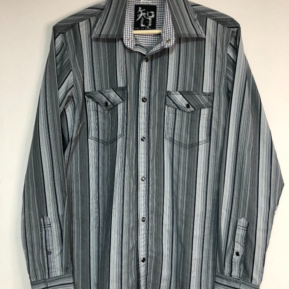 AGE of Wisdom Grey & Blue Striped Pearl Snap Button Down Shirt Size Small